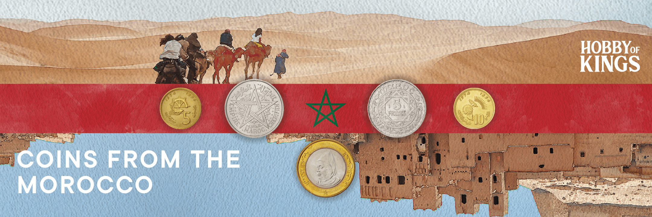 Moroccan coins known because they are using portraits of Mohammed VI, Hassan II on their Dirhams and Santimat (centimes) and Arabic ornaments and Islamic elements.