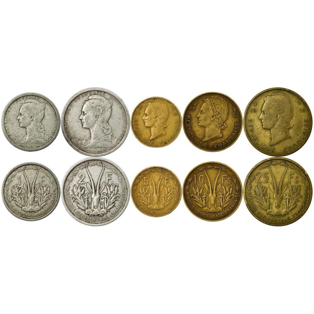 French West Africa | 5 Coin Set | 1 Franc 2 5 10 25 Francs | 1948 - 1956