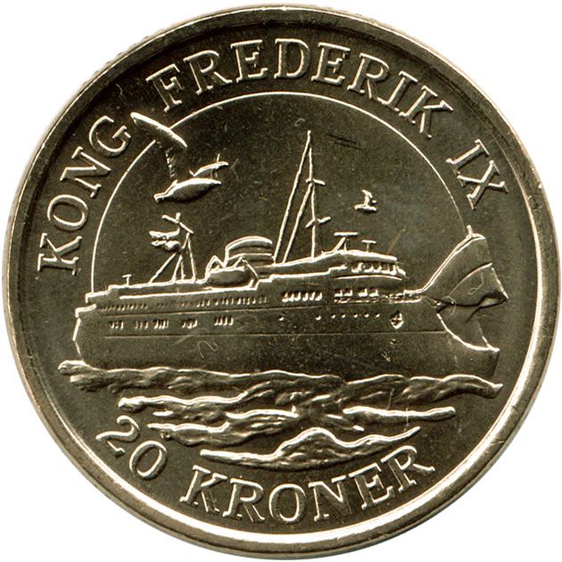 Danish | 20 Kroner Coin | Queen Margrethe II | Kong Frederik IX Ferry | KM948 | Denmark | 2012