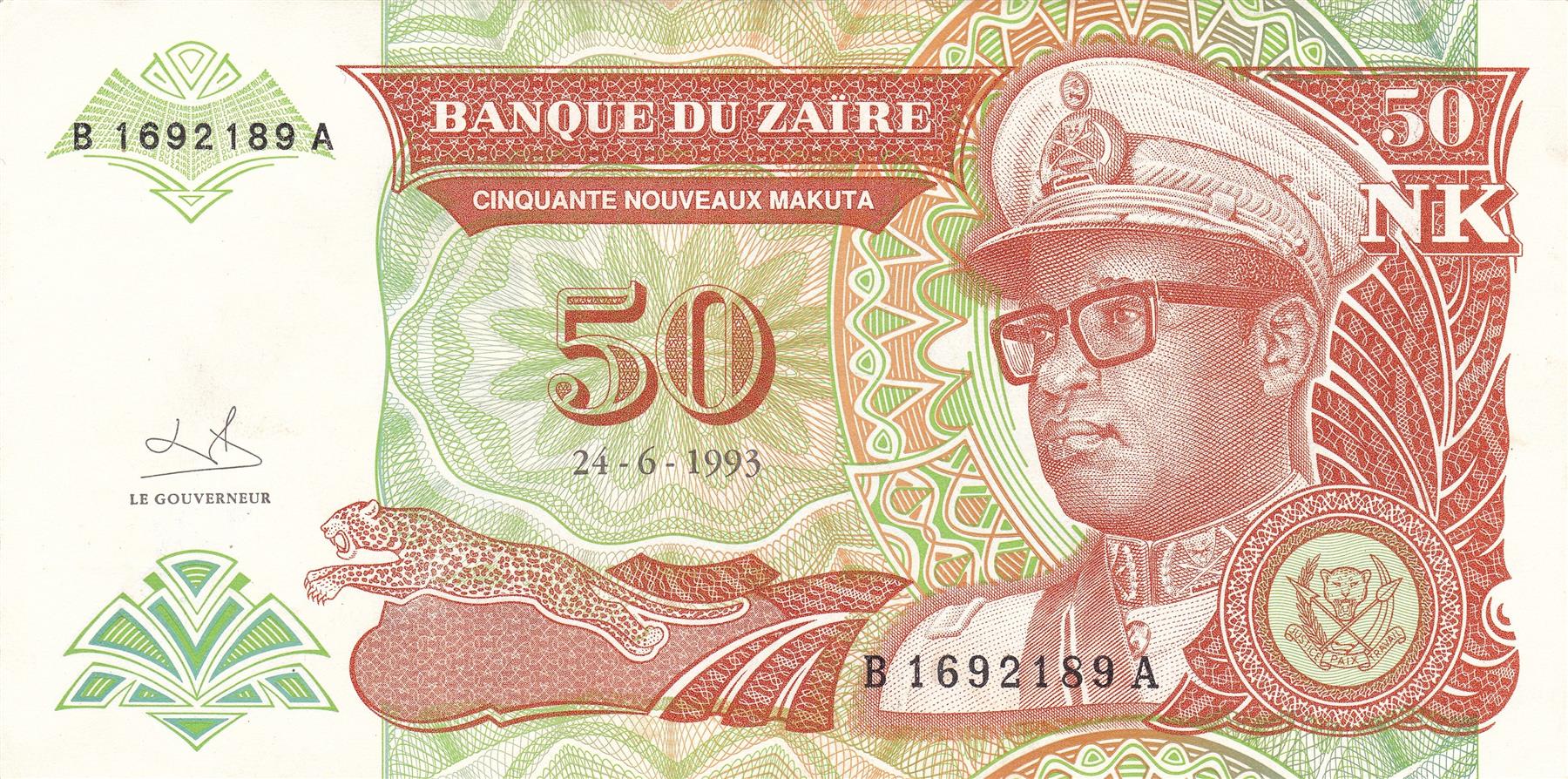 Zaire | 50 Nouveaux Makuta Banknote | 1993 | Leaping Leopard | Dictator Mobutu Sese Seko | Zairean Chieftain | Fishermen | Stick Nets