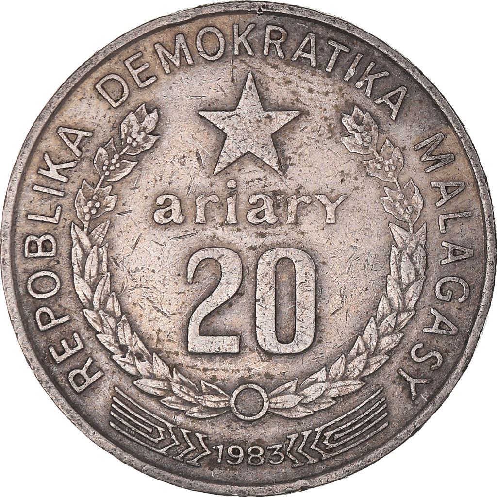 Madagascar | 20 Ariary Coin | Star | Farmer | Tractor | Km:14B | 1983