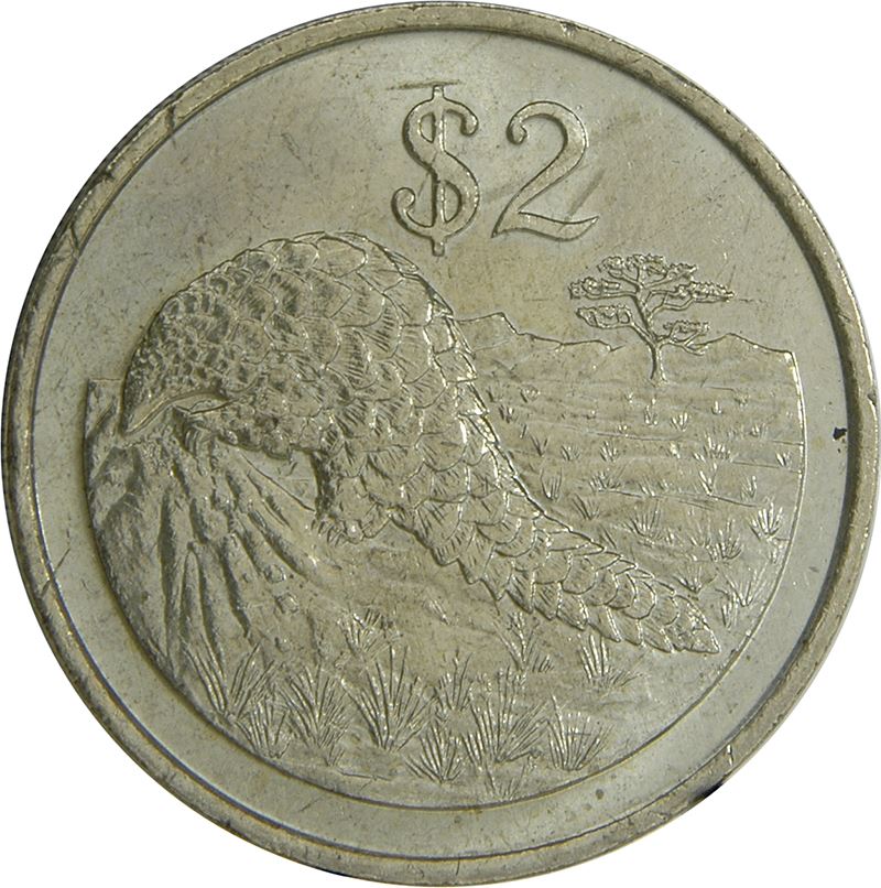 Zimbabwe | 2 Dollars Coin | Bateleur Eagle | Pangolin | Scaly Anteaters | KM12 | 1997