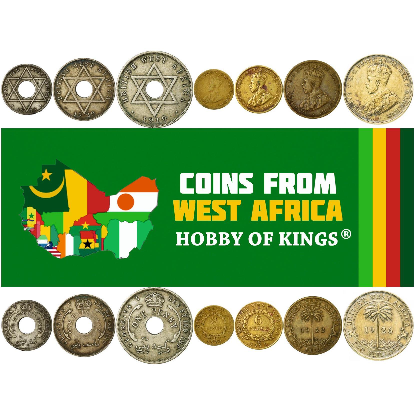 British West Africa | 7 Coin Set | 1/10 1/2 1 Penny 3 6 Pence 1 Shilling 2 Shillings | 1912 - 1936