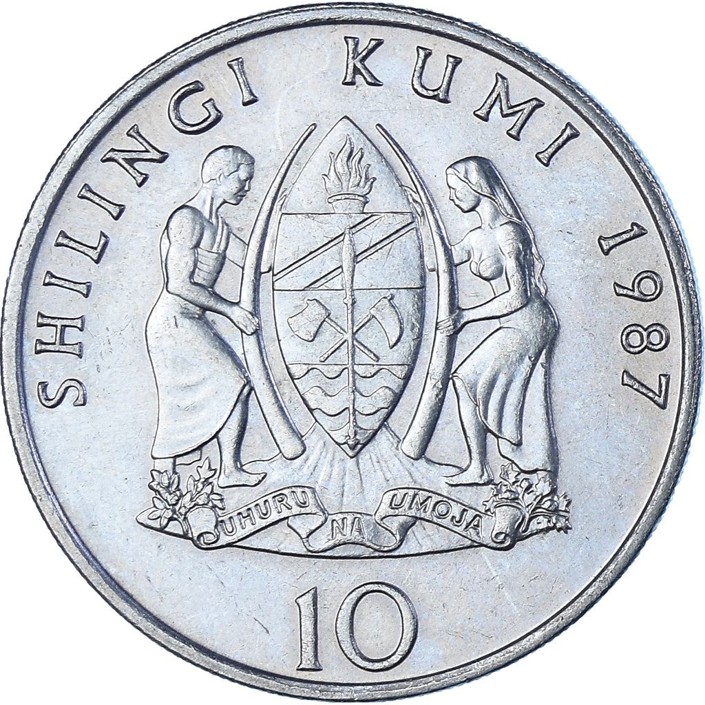 Tanzania | 10 chelines | KM20 | 1987 - 1989 | Cobre-níquel | Diámetro: 29 mm | Peso: 9,7 g | Espesor: 2 mm