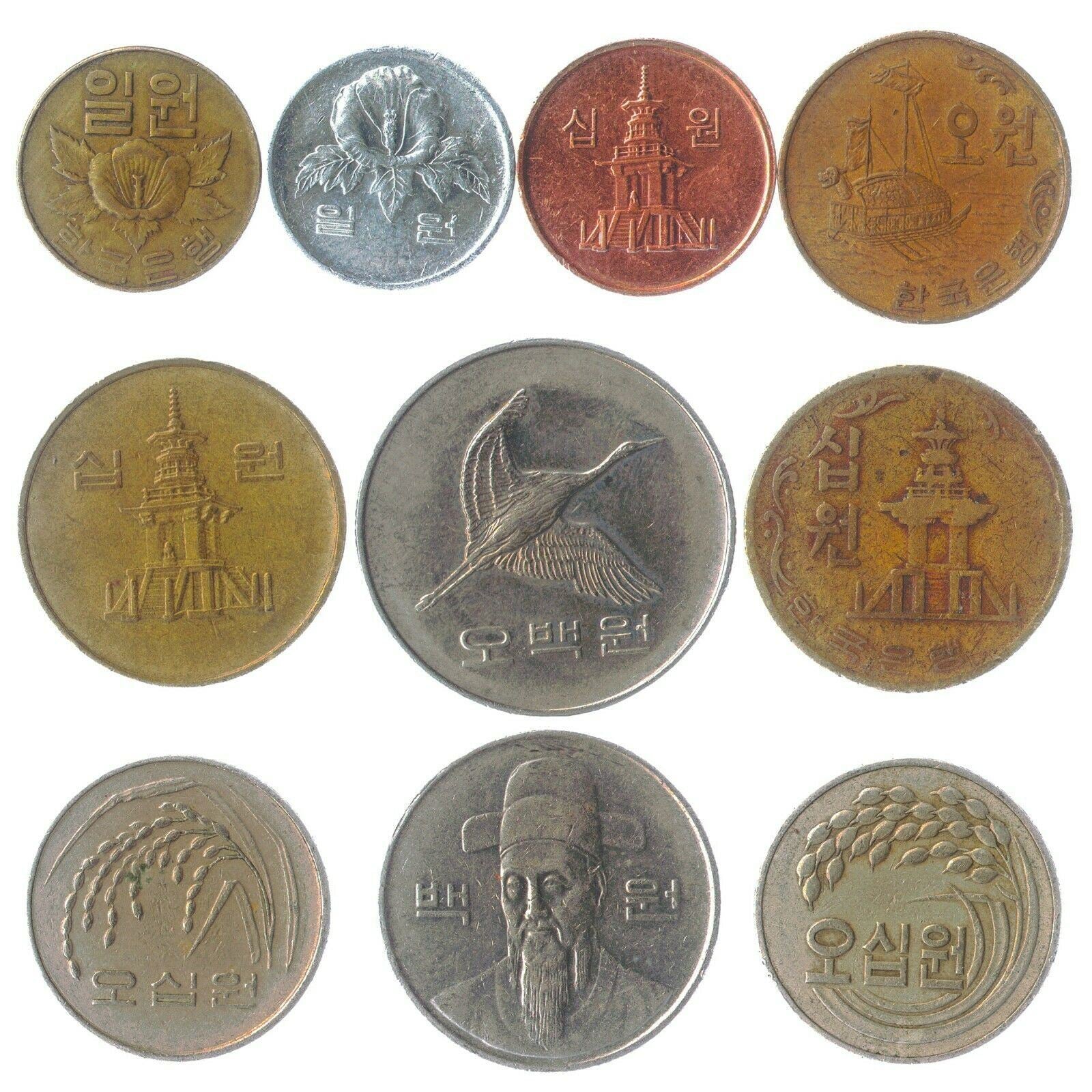 South Korea 10 Mixed Coins 100 Won | Geobukseon | Admiral Yi Sun-sin | Dabotap Pagoda | Manchurian crane | Rose of Sharon | 1966 - 2022