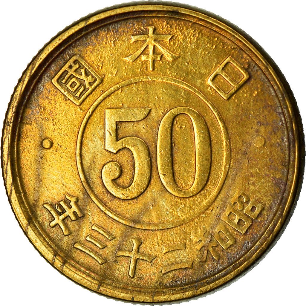 Japan | 50 Sen Coin | Cherry Blossom Wreath | Chrysanthemum | Y:69, Jnda:01-19 | 1947 - 1948