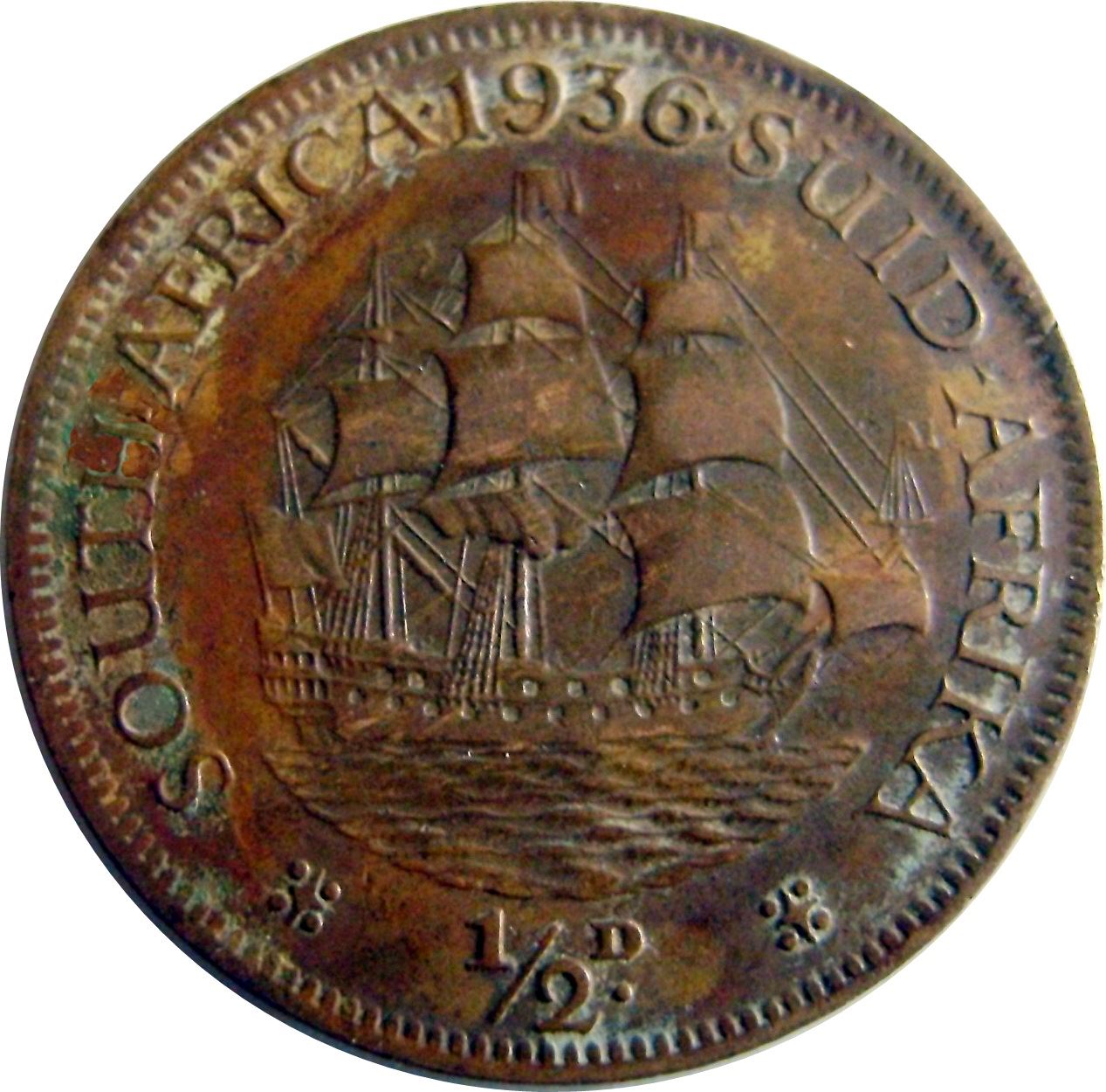 South Africa | 1/2 Penny Coin | George V | Ship | Drommedaris | Km:13.3 | 1932 - 1936