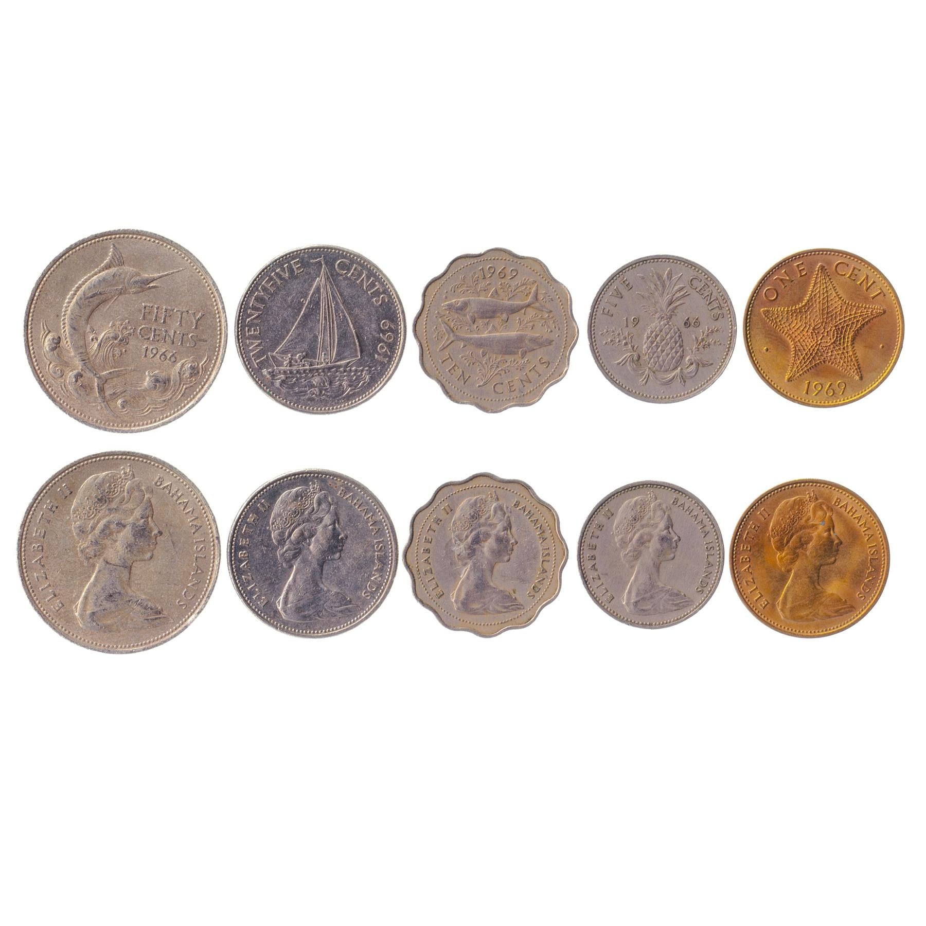 Bahamian 5 Coin Set 1 5 10 25 50 Cents | Bonefish | Elizabeth II | Bahamian Sailboat | Pineapple | Blue Marlin | 1966 - 1970