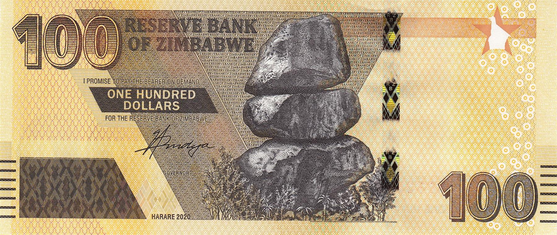 Zimbabwe | 100 Dollars Banknote | 2020 - 2023 | Chiremba Balancing Rocks | Big Baobab Tree | Ruins of Great Zimbabwe