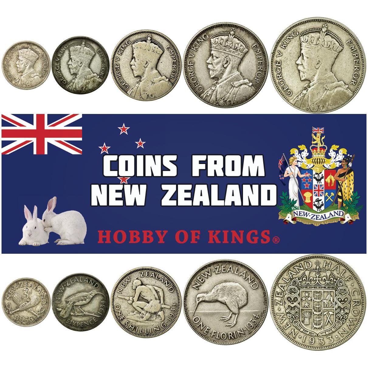 New Zealand | 5 Coin Set | 3 6 Pence 1 Shilling 1 Florin 1/2 Crown | 1933 - 1936
