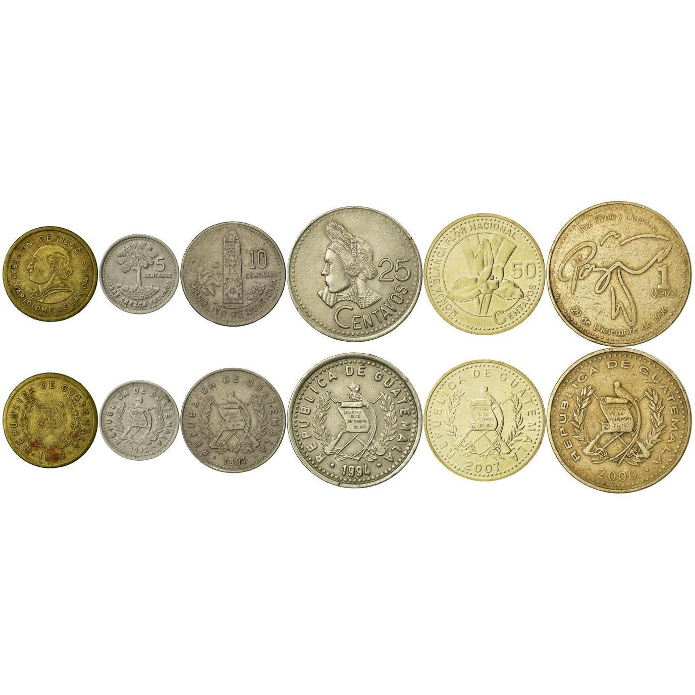 Guatemala | 6 Coin Set | 1 Centavo 5 10 25 50 Centavos 1 Quetzal | 1974 - 2012