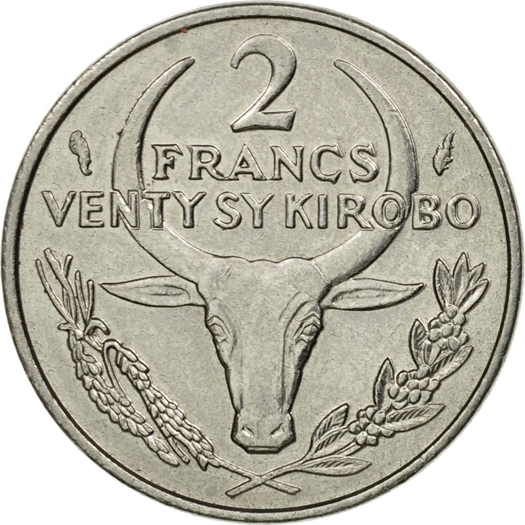 Madagascar | 2 Francs Coin | Zebu | Flower | Km:9 | 1965 - 1989