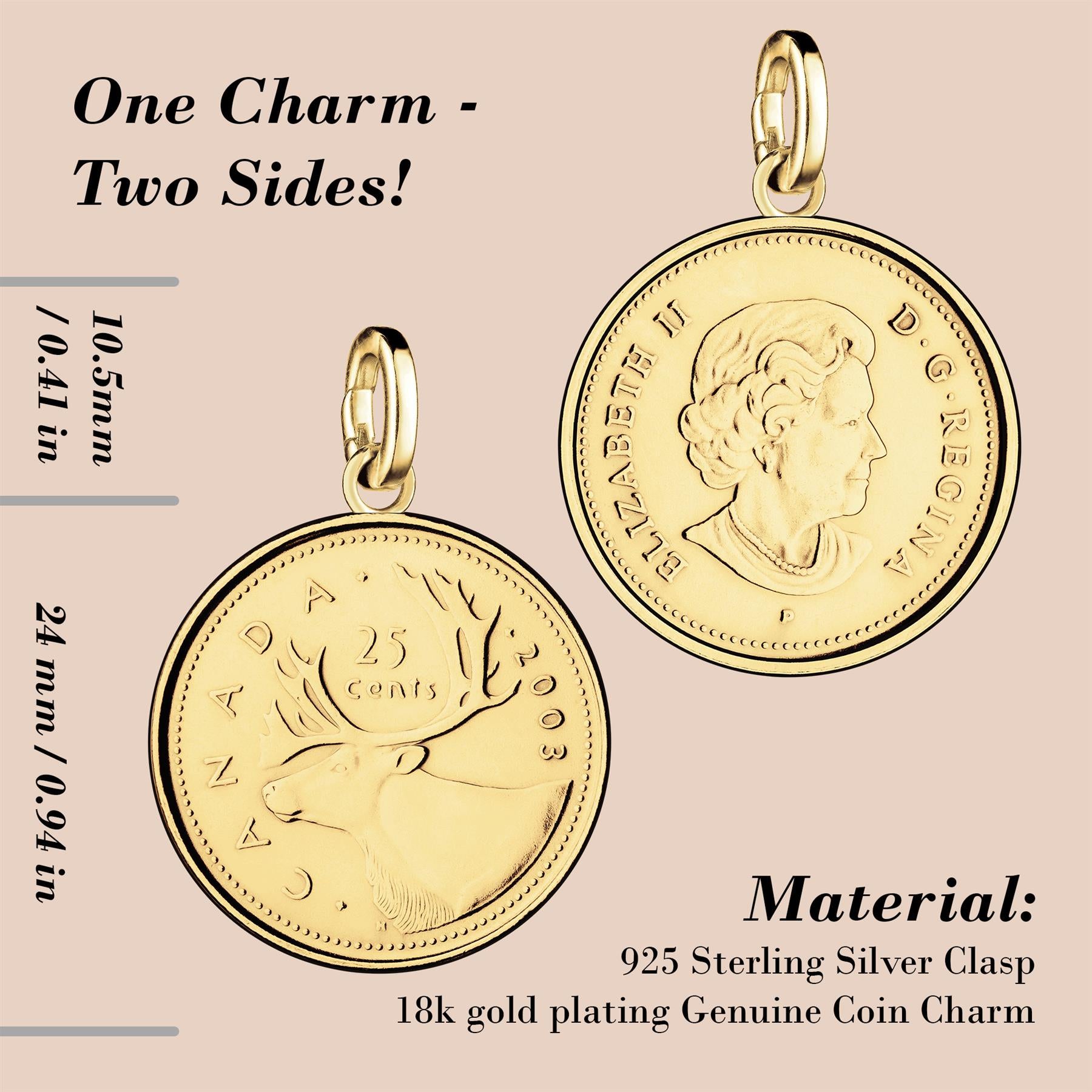 Canadian 25 Cents Coin Charm | 925 Sterling Silver 18K Gold Plated | 2003 - 2022