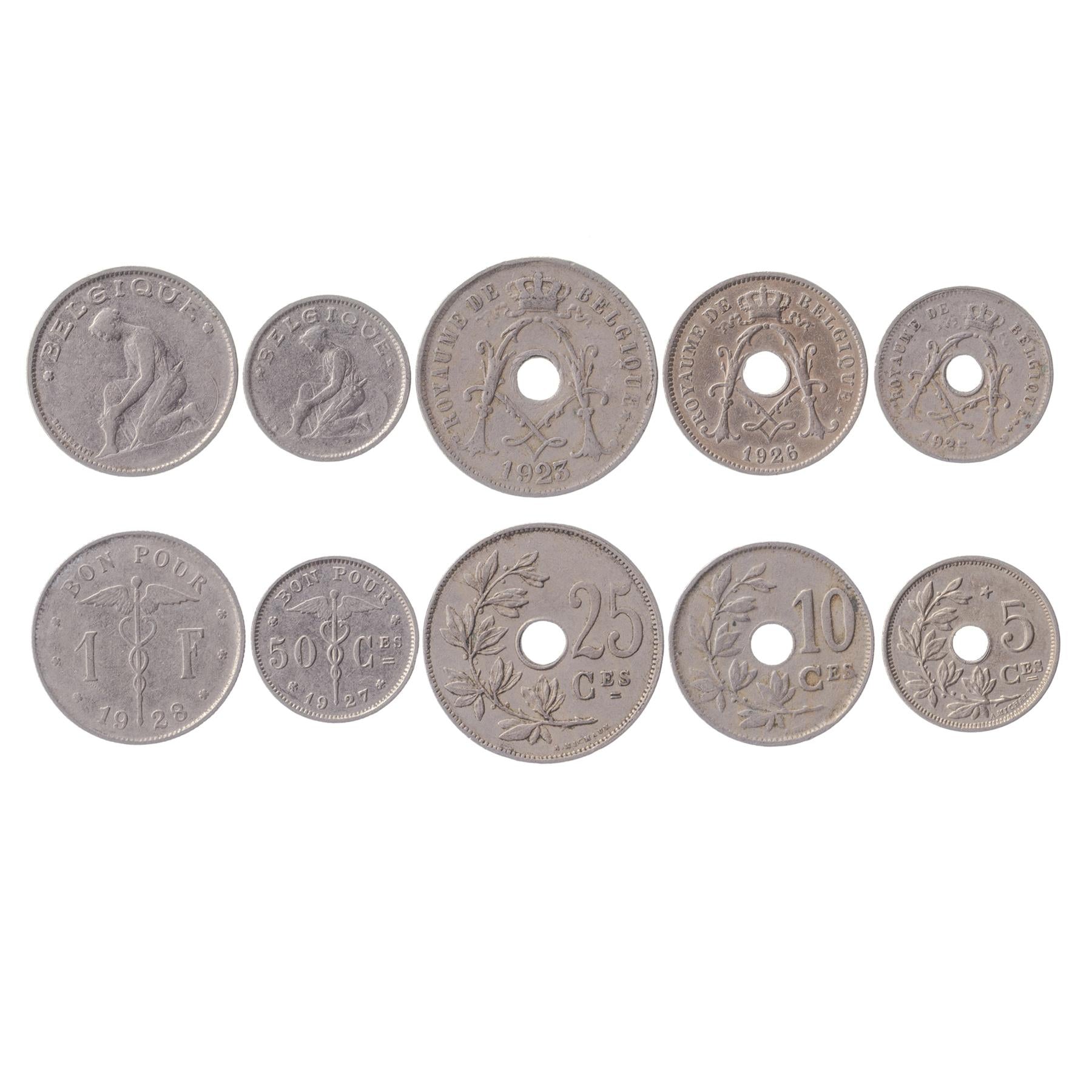 Belgian 5 Coin Set 5 10 25 50 Centimes 1 Franc | Olive branch | Lion | Star | Constitution | Ivy | Oak twig | 1910 - 1935