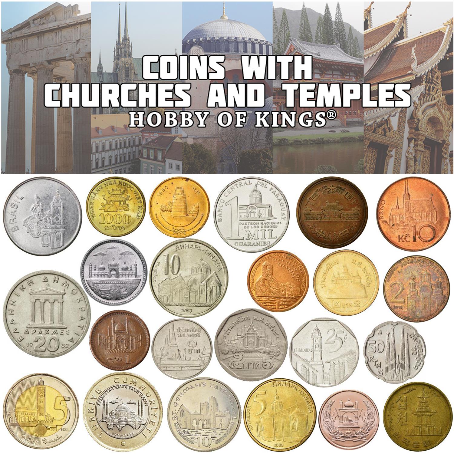 Different Coins with Houses of Worship | Church | Synagogue | Mosque | Shrine | Temple | Pagoda