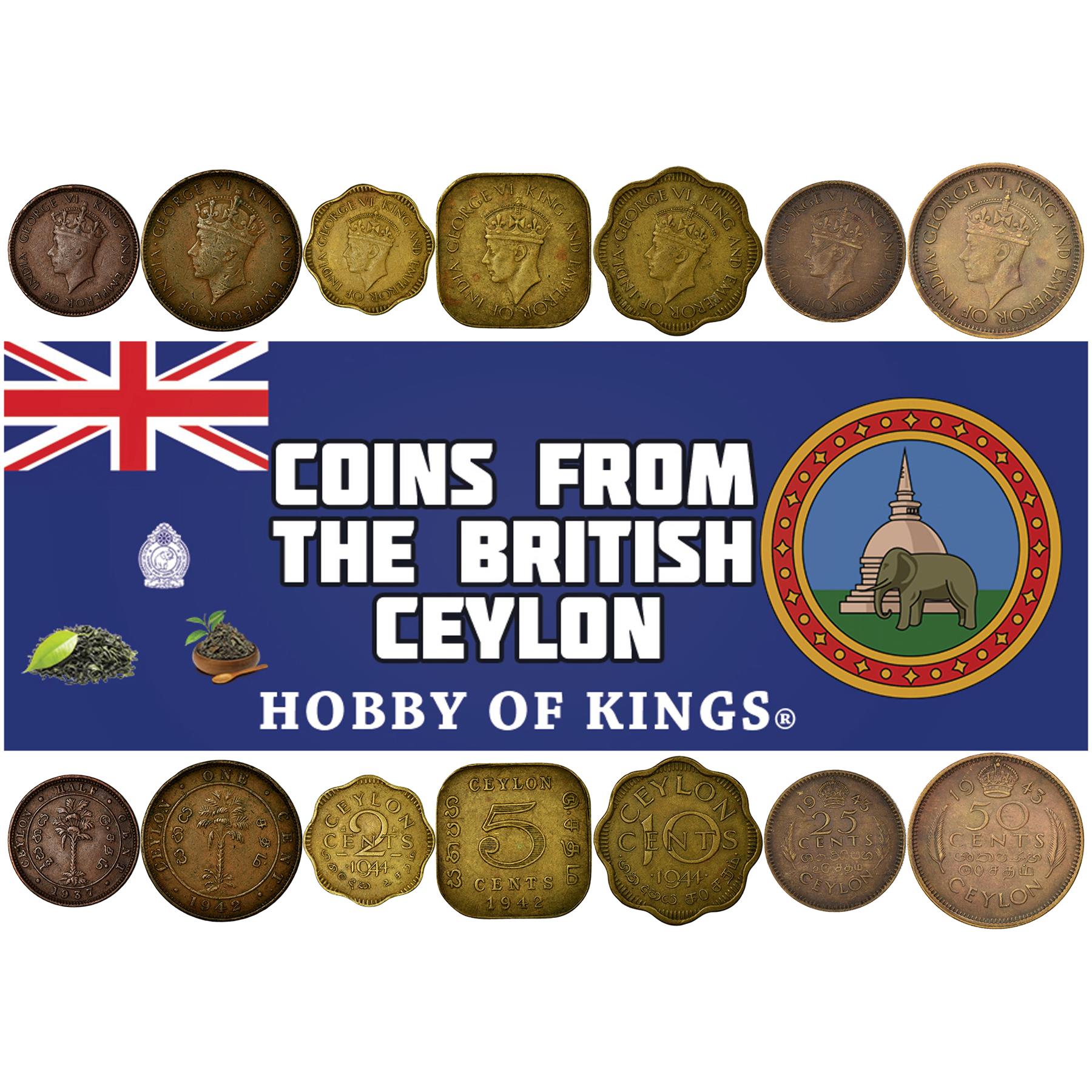 Sri Lankaanse set van 7 munten 1/2 1 2 5 10 25 50 cent | George VI | Palmbomen | Ceylon | 1937 - 1945