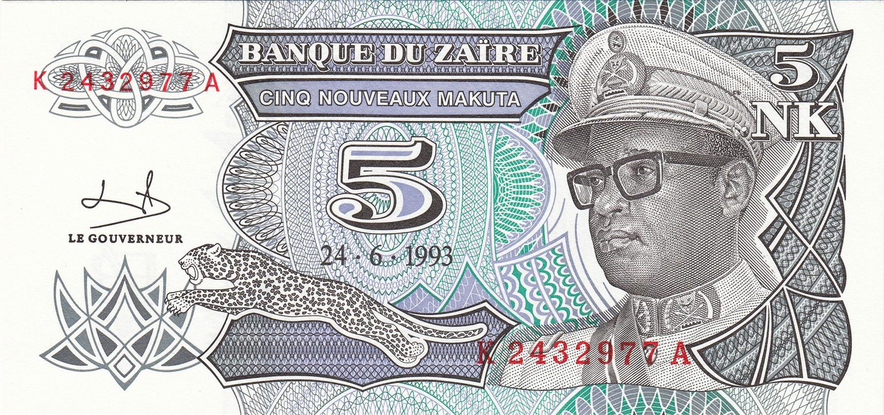Zaire | 5 Nouveaux Makuta Banknote | 1993 | President Moguto | Leaping Leopard | Independence Monument