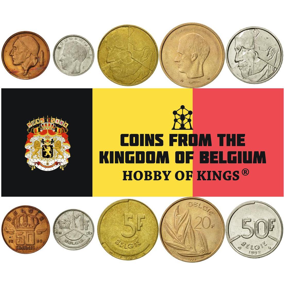 Belgium | 5 Coin Set | 50 Centimes 1 Franc 5 20 50 Francs | 1980 - 1993