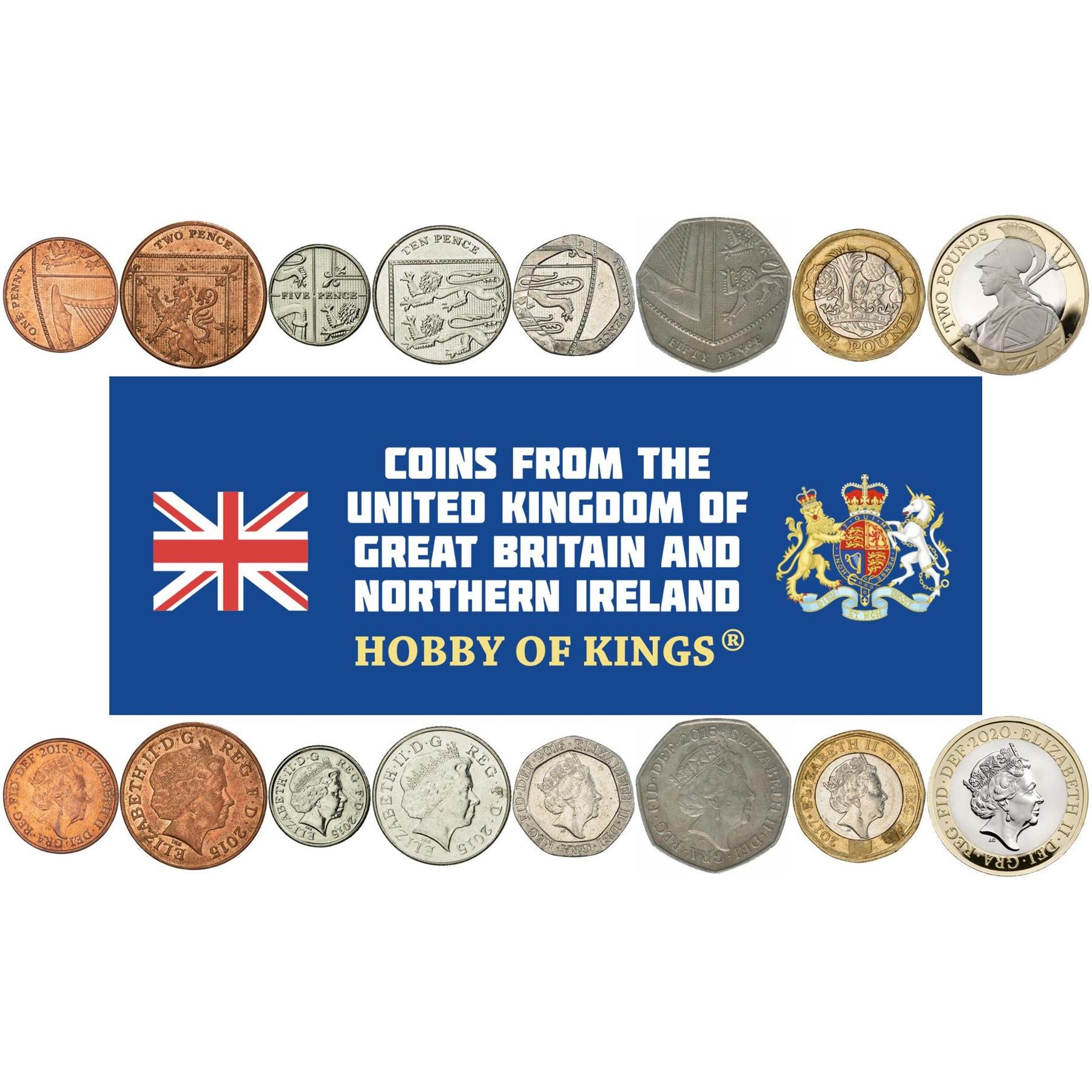 United Kingdom | 8 Coin Set | 1 Penny 2 5 10 20 50 Pence 1 Pound 2 Pounds | 2015 - 2022