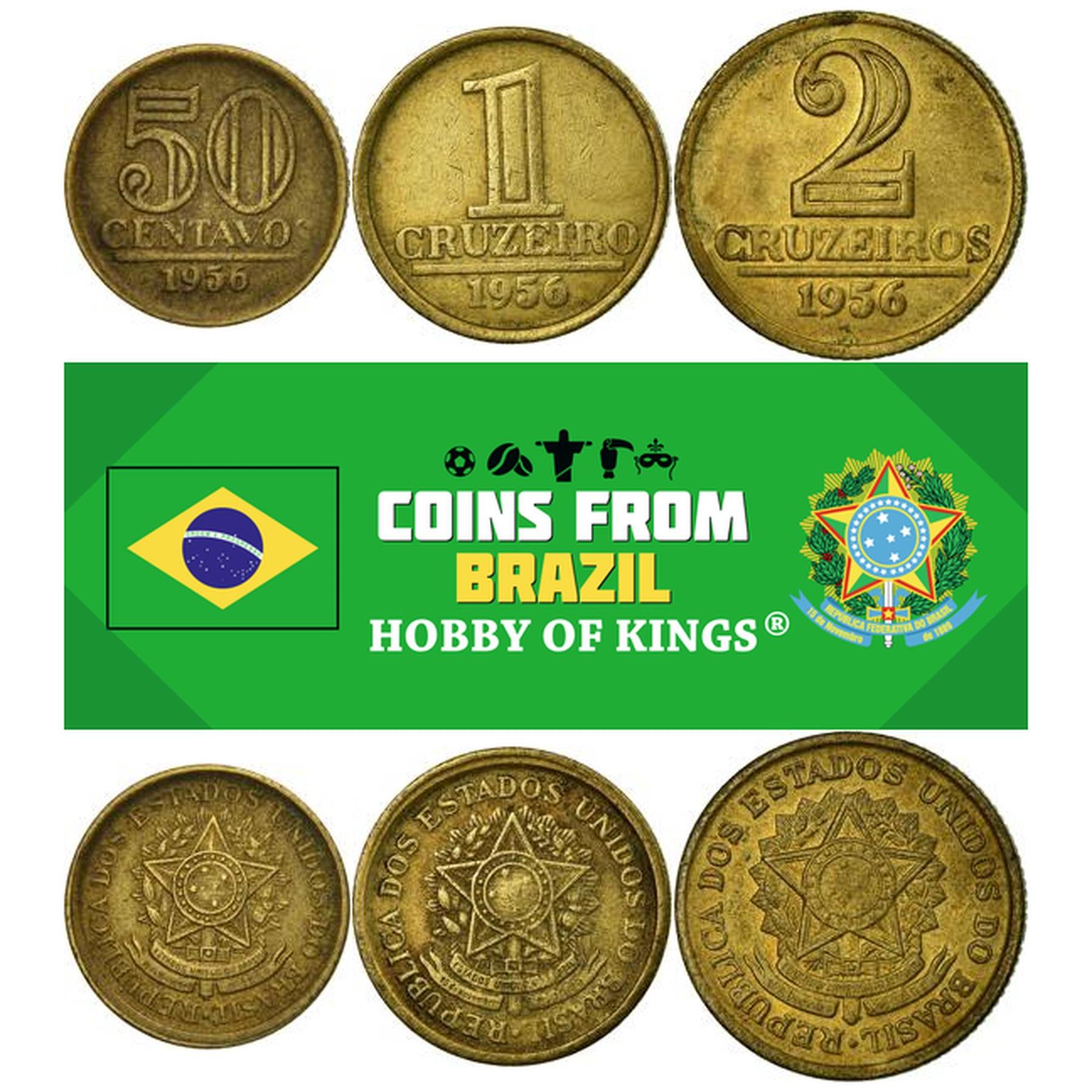 Brazil | 3 Coin Set | 50 Centavos 1 Cruzeiro 2 Cruzeiros | 1956