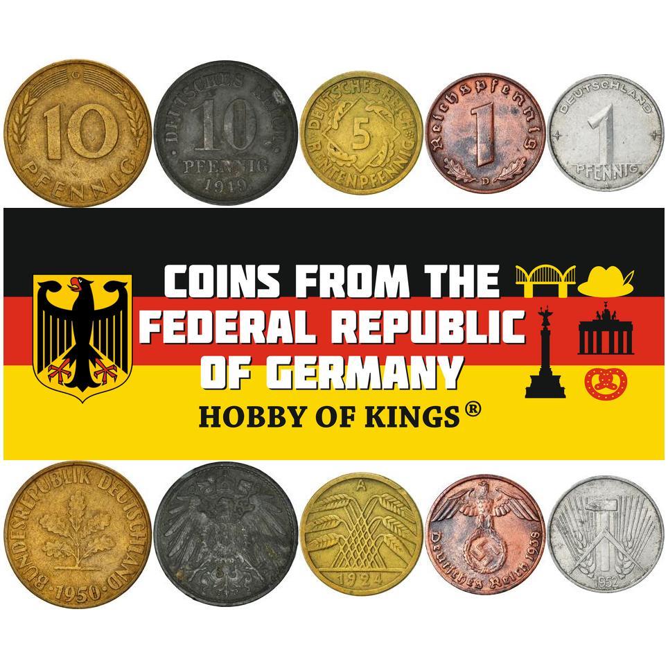 5 Mixed Coins | Federal Republic | East Germany | Third Reich | Weimar Republic | German Empire
