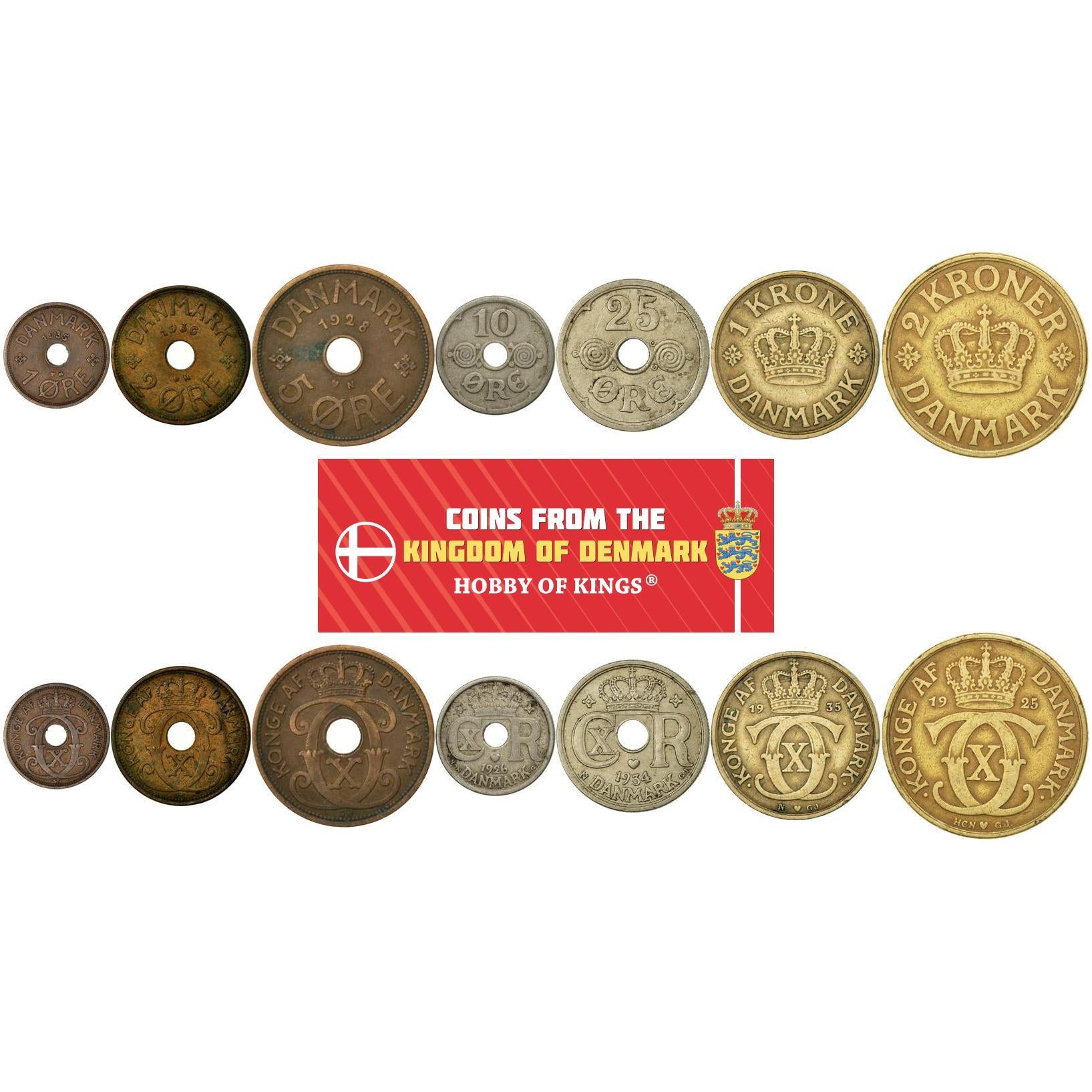 Denmark | 7 Coin Set | 1 2 5 10 25 Ore 1 Krone 2 Kroner | 1924 - 1947