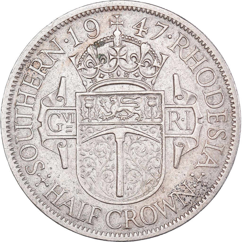 Southern Rhodesia | 1/2 Crown Coin | George VI | Shield | Crown | Pickaxe | Km:15B | 1947