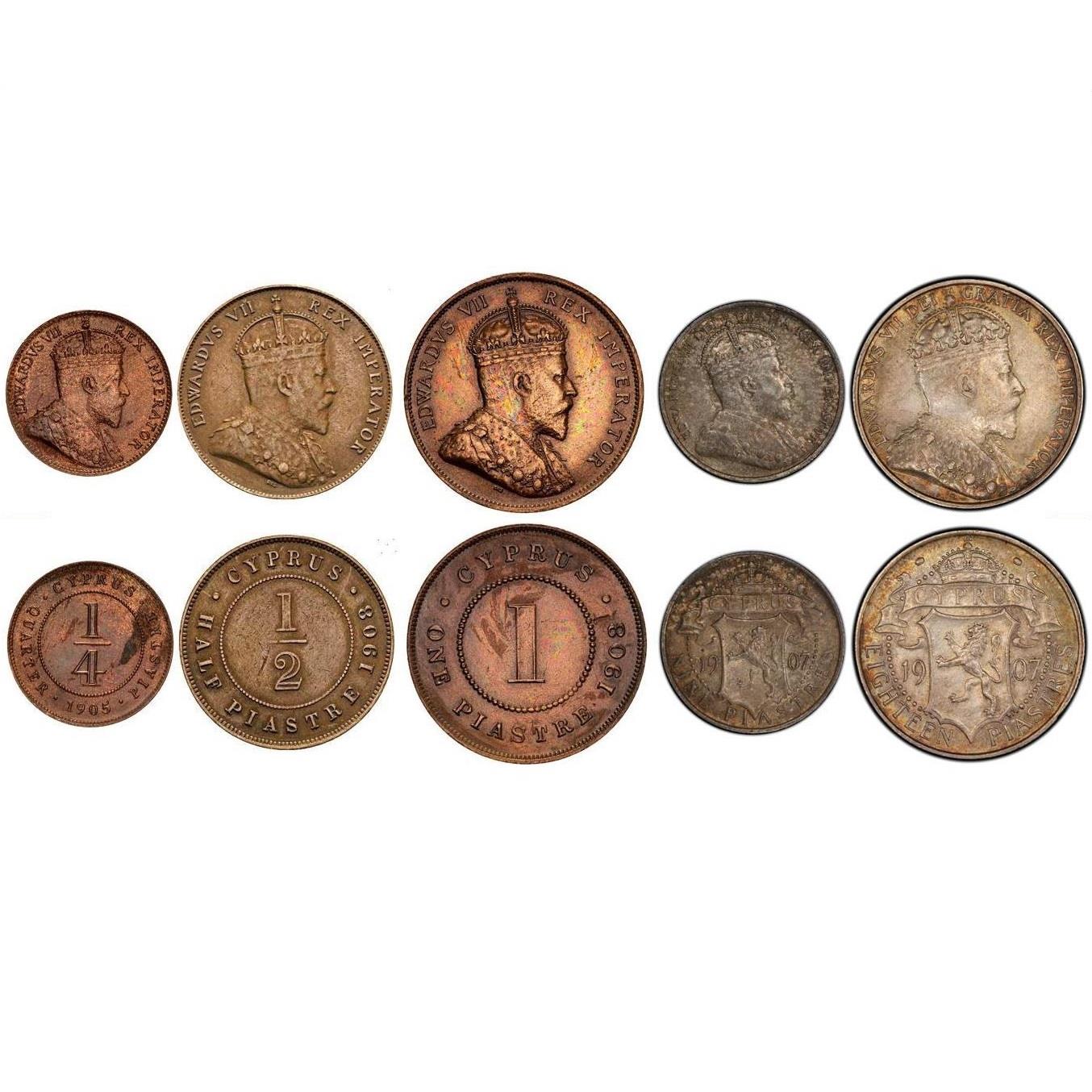 Set 5 Coins Cyprus 1/4 1/2 1 9 18 Piastres 1902 - 1908
