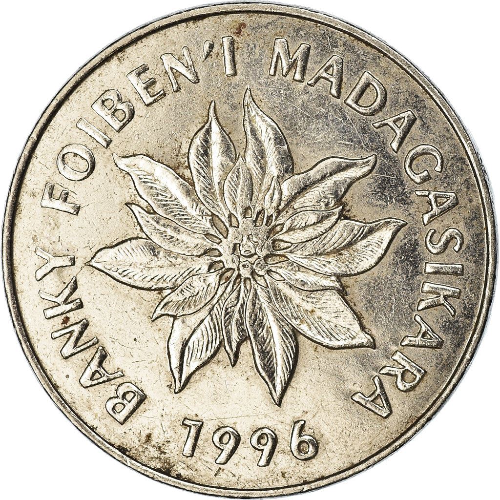 Madagascar | 5 Francs / 1 Ariary Coin | Flower | Zebu | Km:21 | 1996
