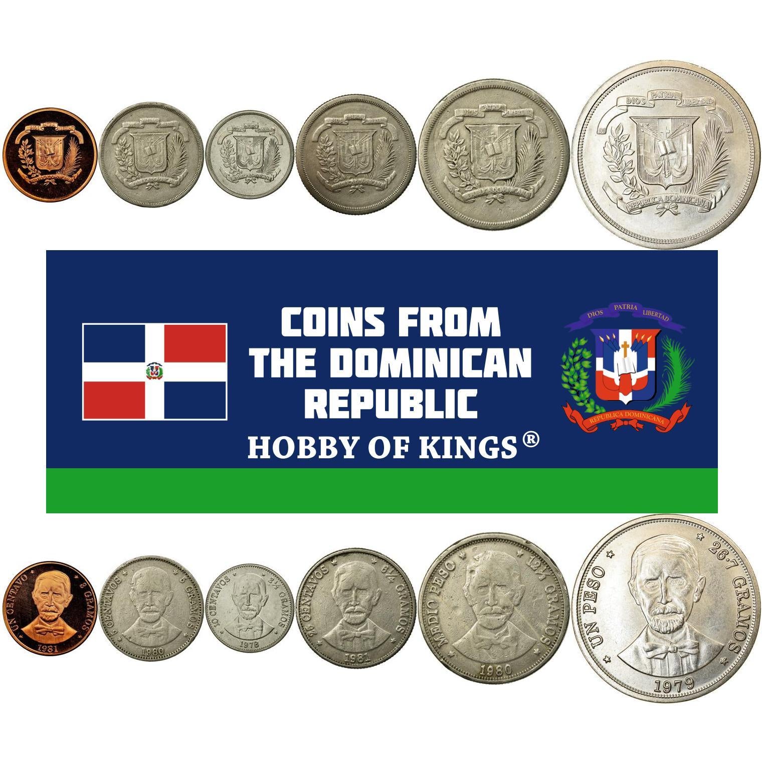 Dominican Republic | 6 Coin Set | 1 Centavo 5 10 25 Centavos 1/2 1 Peso | Juan Pablo Duarte | 1978 - 1981