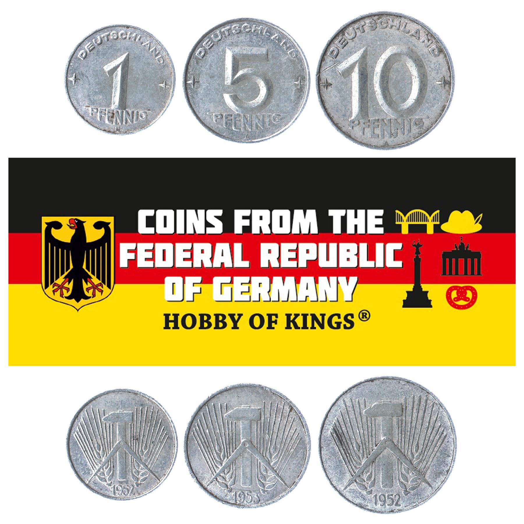 German Democratic Republic 3 Coin Set 1 5 10 Pfennig | Hammer | Compass | 1952 - 1963