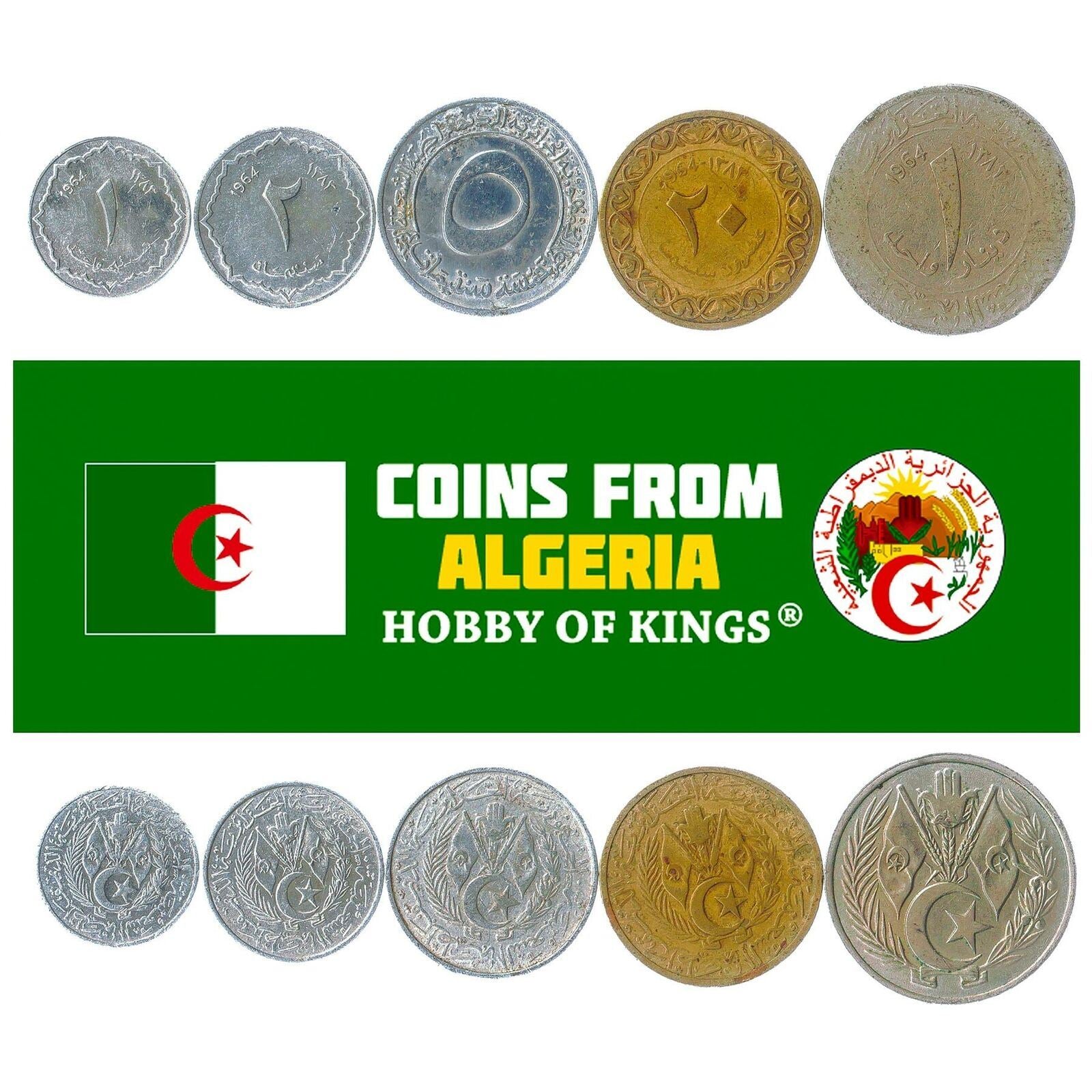 5 Algerian Coins Centimes Dinars Mixed Currency From Albania 1964-2021