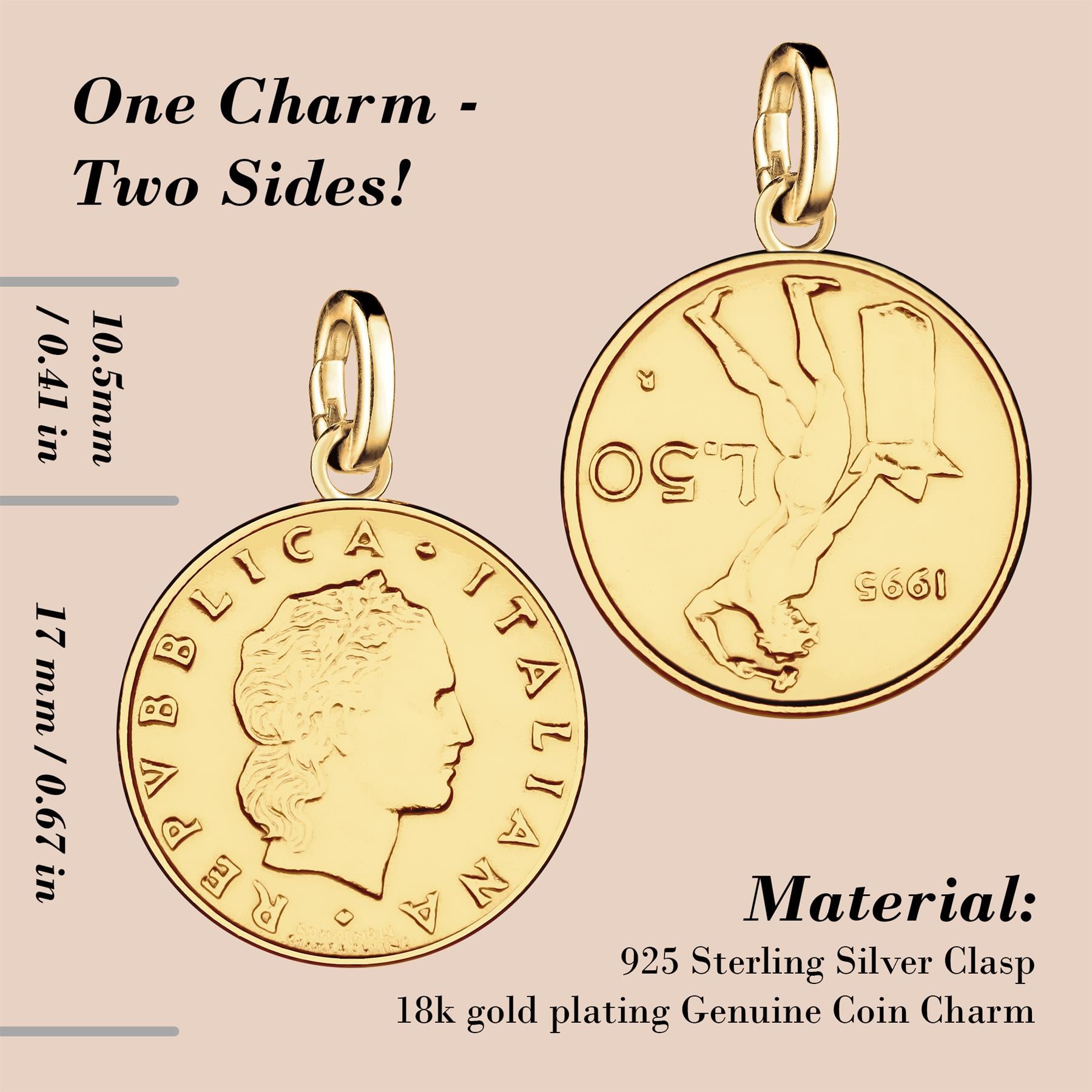Italian 50 Lire Coin Charm | 925 Sterling Silver 18K Gold Plated | 1990 - 1995