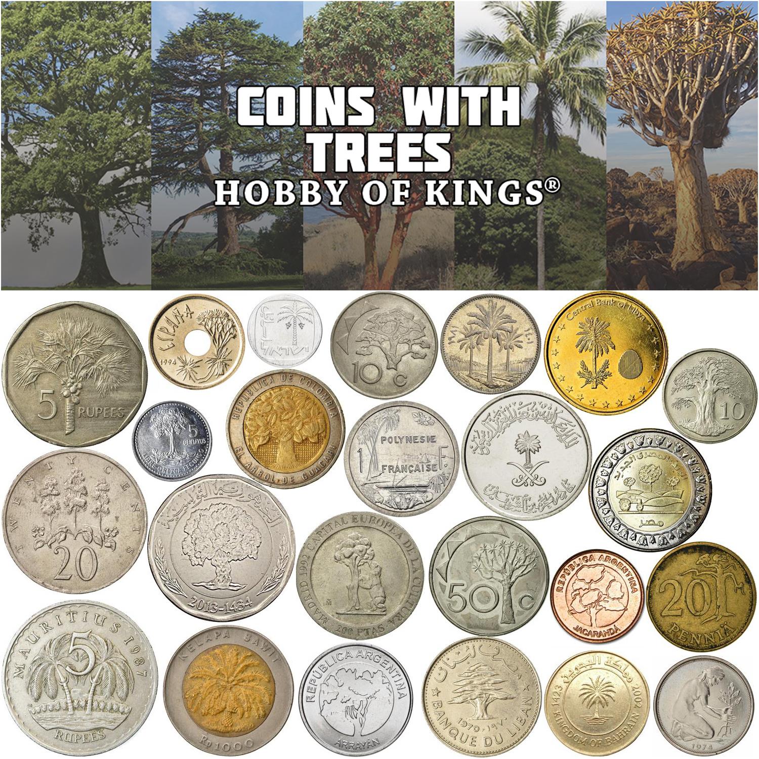 Different Coins With Trees | Palm, Cedar, Mahoe, Pine, Oak, Fig Trees and More