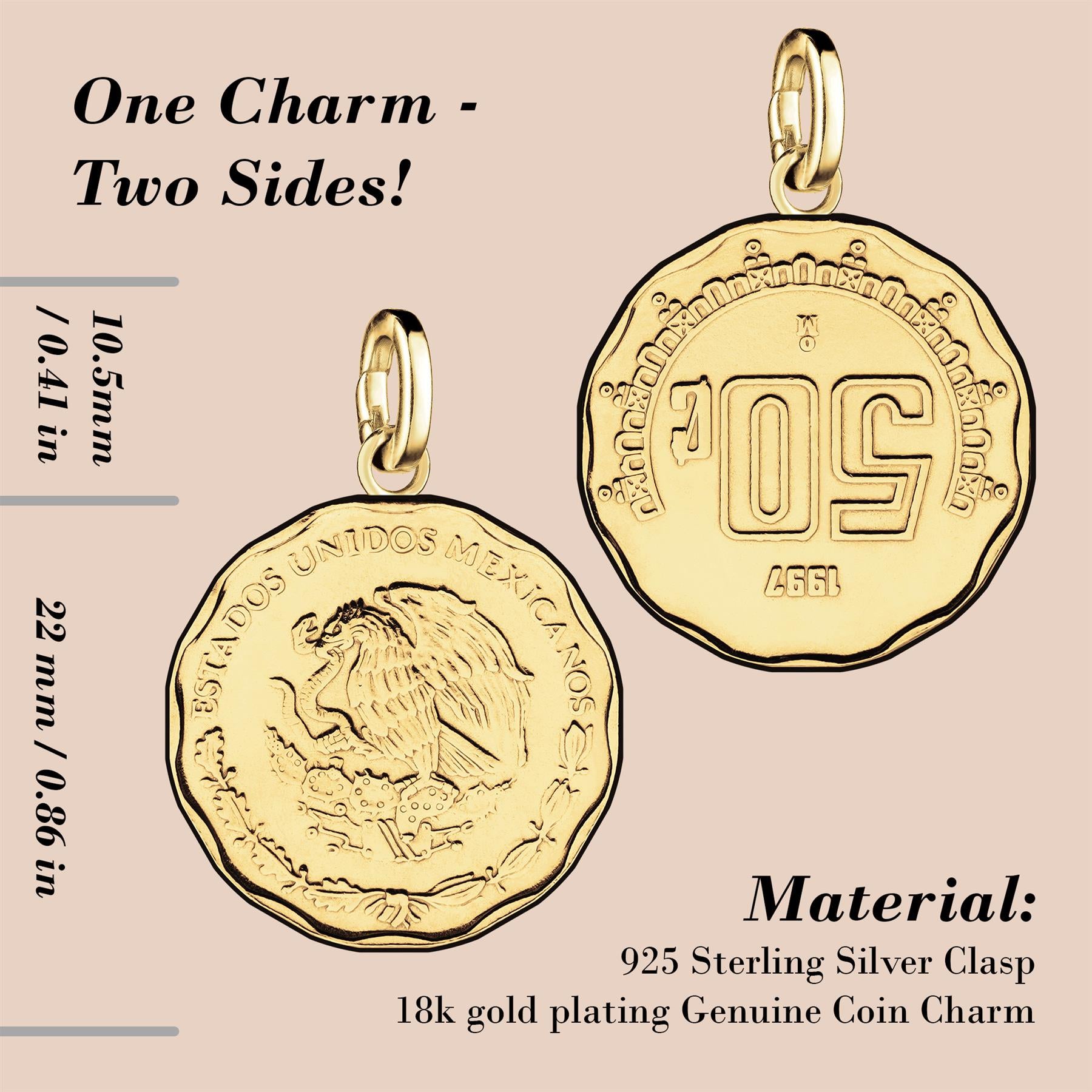 Mexican 50 Centavos Coin Charm | 925 Sterling Silver 18K Gold Plated | 1992 - 2009