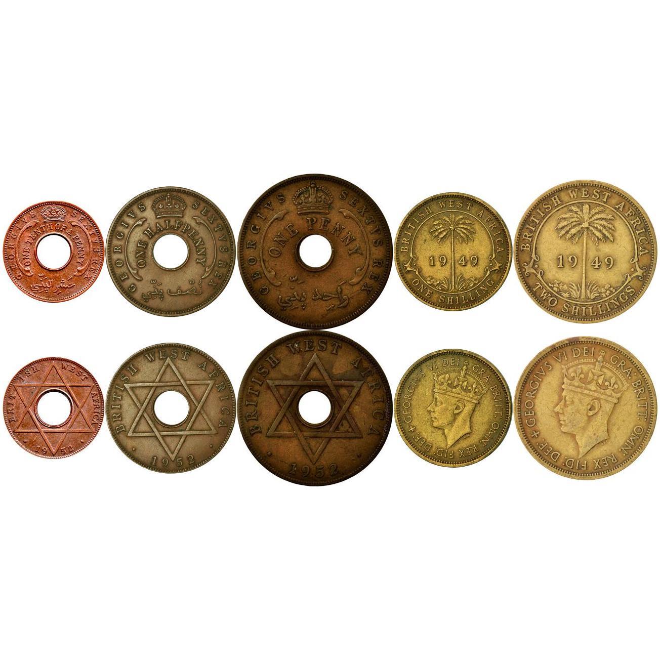 British West Africa | 5 Coin Set | 1/10 1/2 1 Penny 1 Shilling 2 Shillings | 1949 - 1952