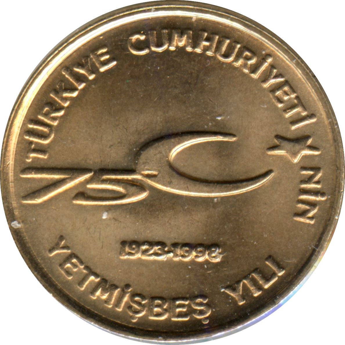 Tyrkiet | Tyrkisk 100.000 Lira Mønt | Republikens Jubilæum | Måne Stjerne | KM1079 | 1999 - 2000
