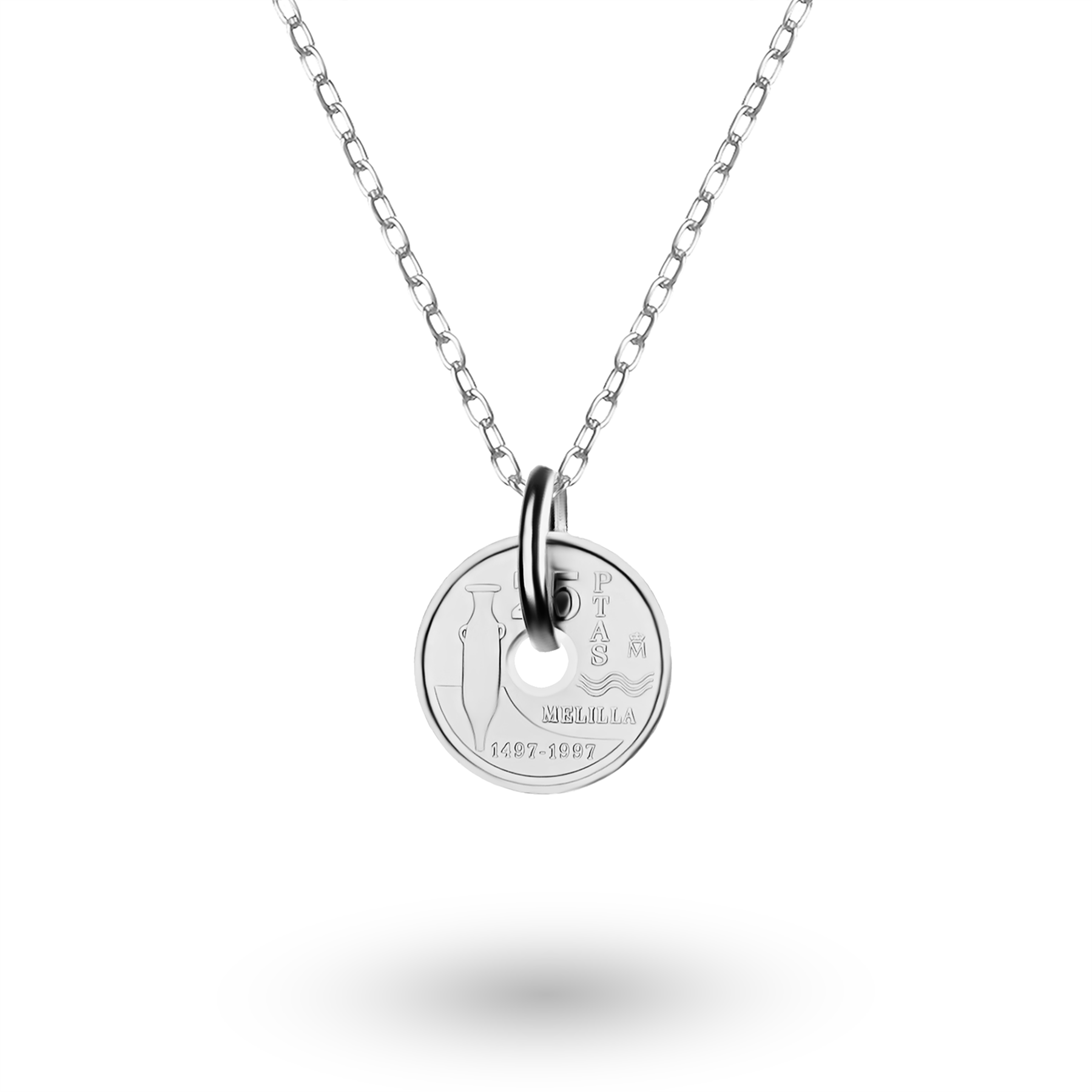 Spanish Coin Necklace | Medallion Pendant Jewelry | Rhodium Plated 25 Pesetas | Melilla | 1997