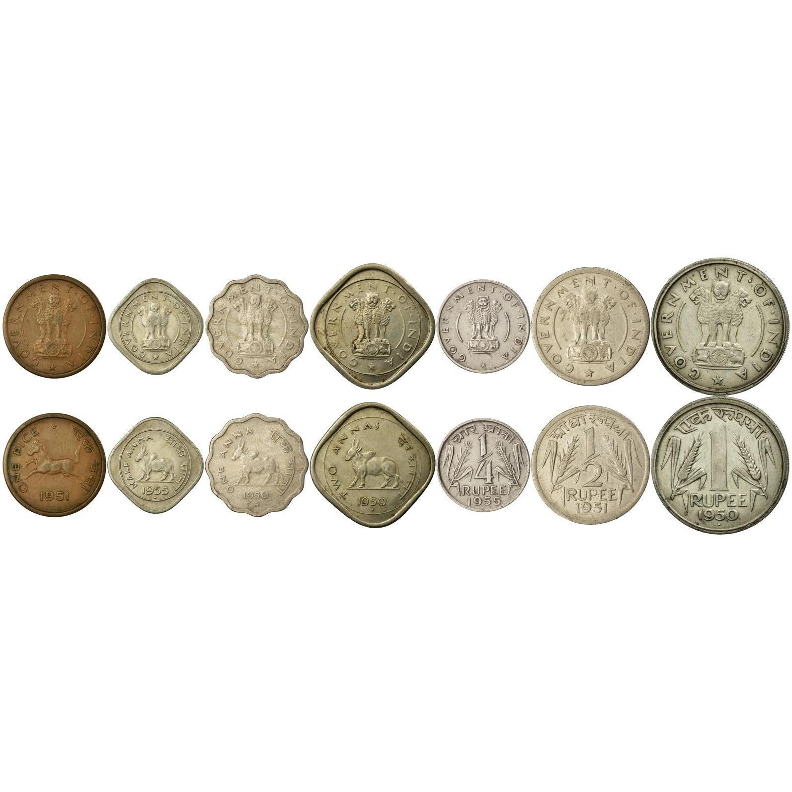 India | 7 Coin Set | 1 Pice 1/2 1 Anna 2 Annas 1/4 1/2 1 Rupee | 1950 - 1956