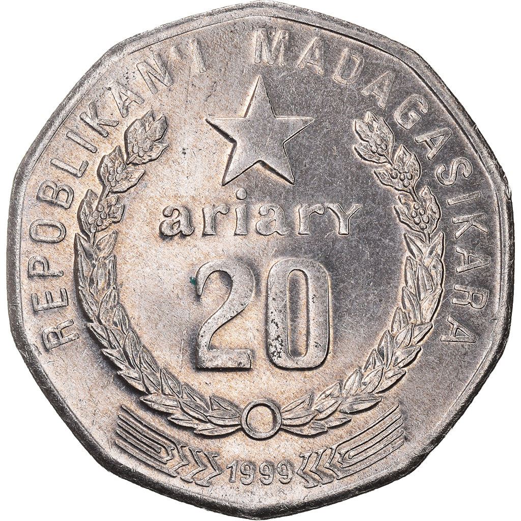 Madagascar | 20 Ariary Coin | Star | Tractor | Farmer | Km:24.2 | 1999