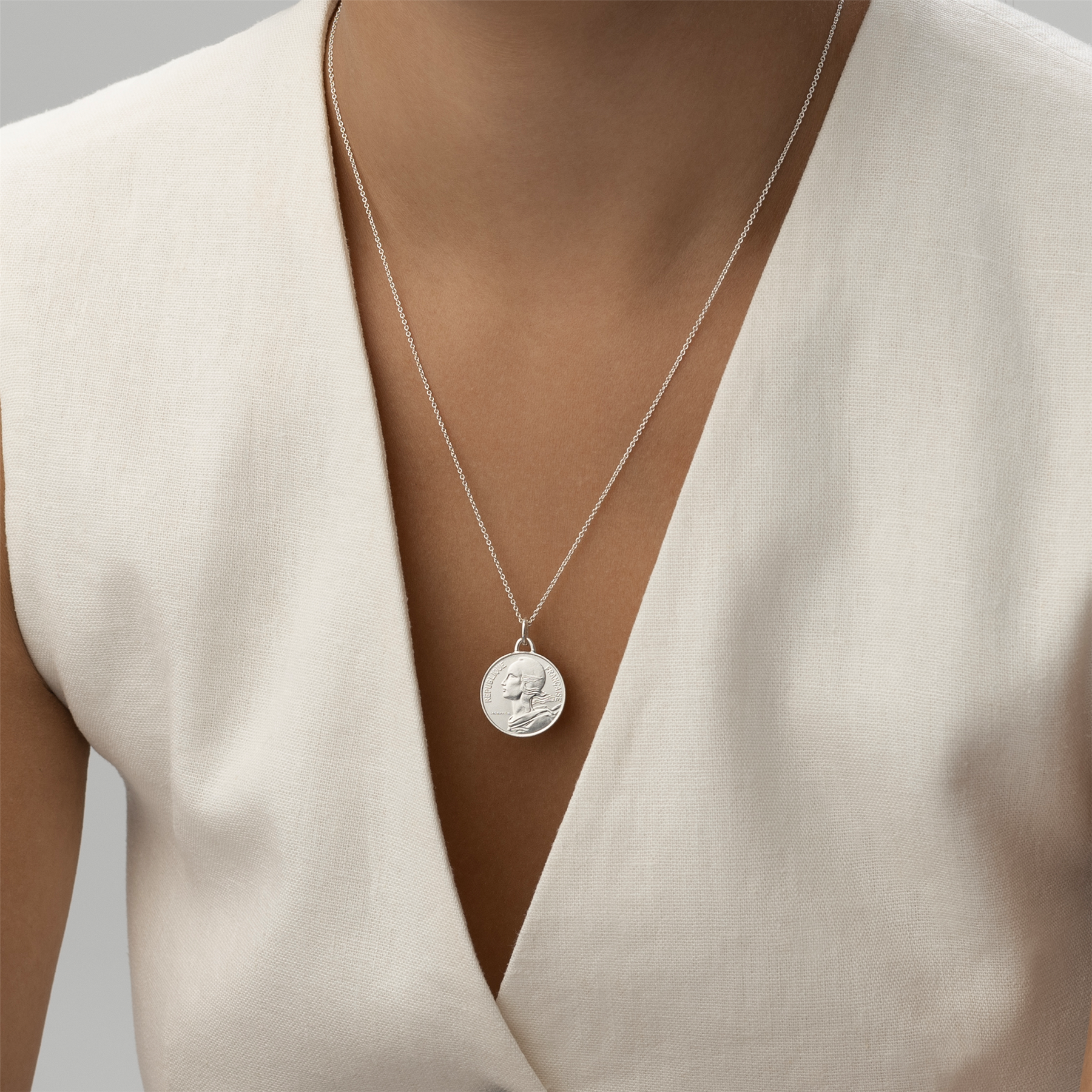 French Coin Necklace | Medallion Pendant Jewelry | Rhodium Plated 10 Centimes | 1966 - 2001