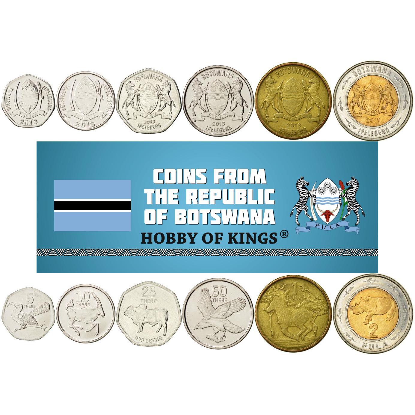 Botswana | 6 Coin Set | 5 10 25 50 Thebe 1 2 Pula | Red-Billed Hornbill | South African Gemsbock | Brahman Bull | African Fish Eagle | Zebra | White Rhinoceros | 2013 - 2022