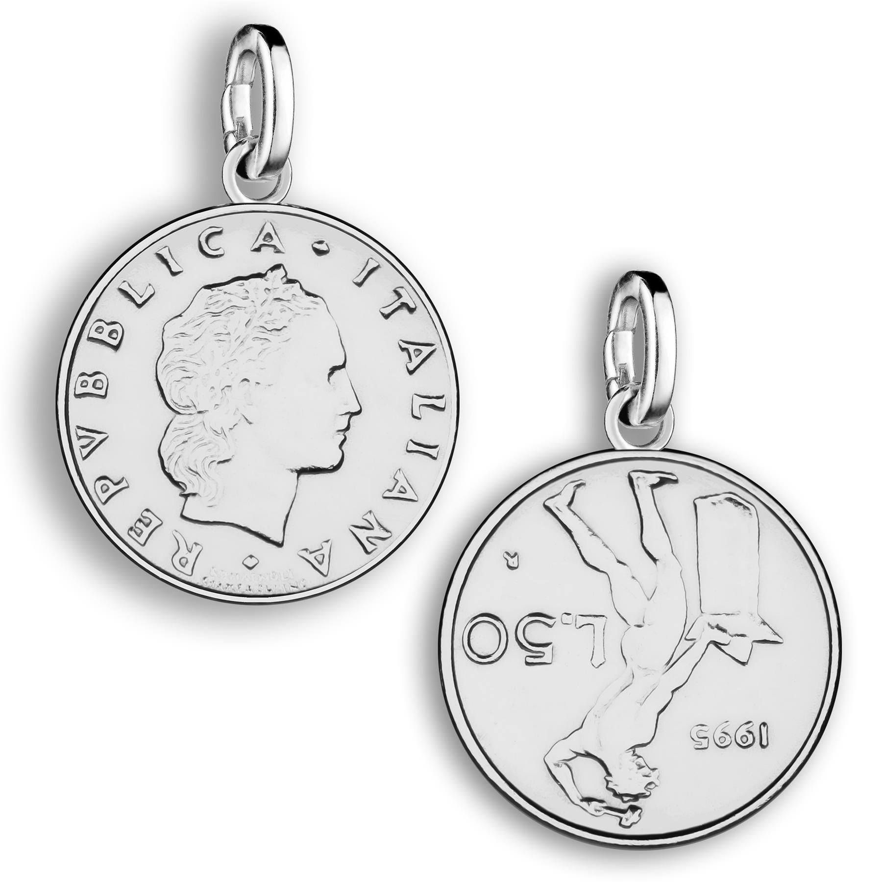 Italian 50 Lire Coin Charm | 925 Sterling Silver Rhodium Plated | 1990 - 1995