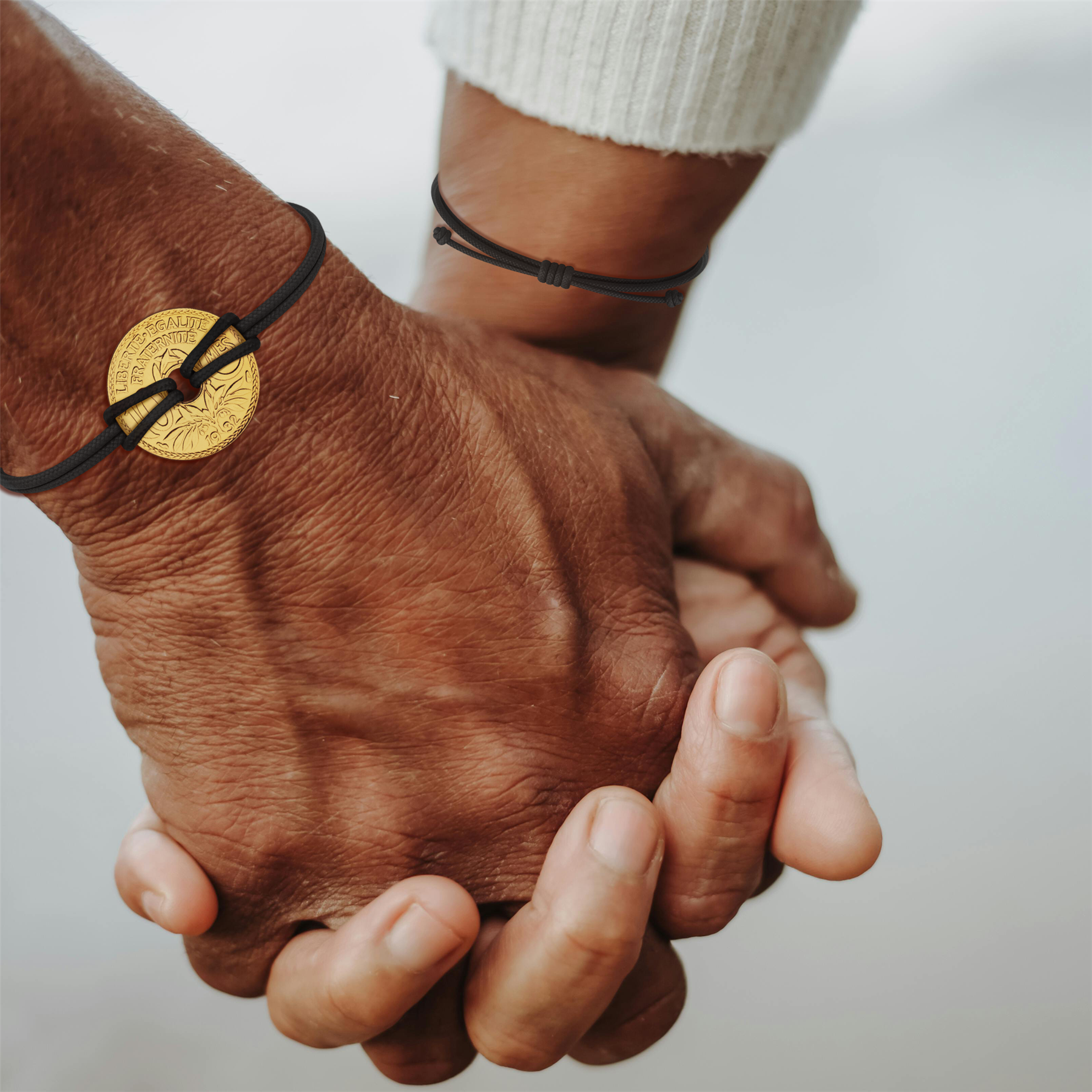 Good Luck Coin Bracelet | Black String Thread Wristband | France Coin 10 Centimes | 18k Gold Plated Fortune Wealth & Protection