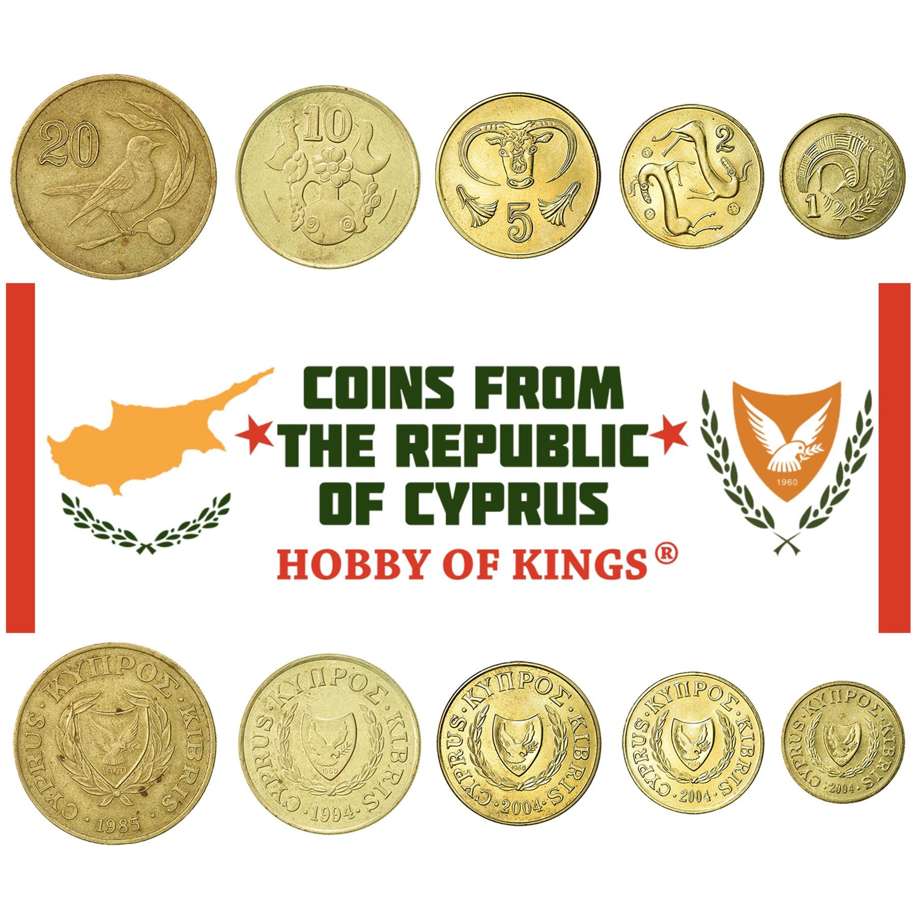 5 Mixed Coins From Cyprus | Cents | Mils | Ancient Cypriot Symbols | 1955 - 2007