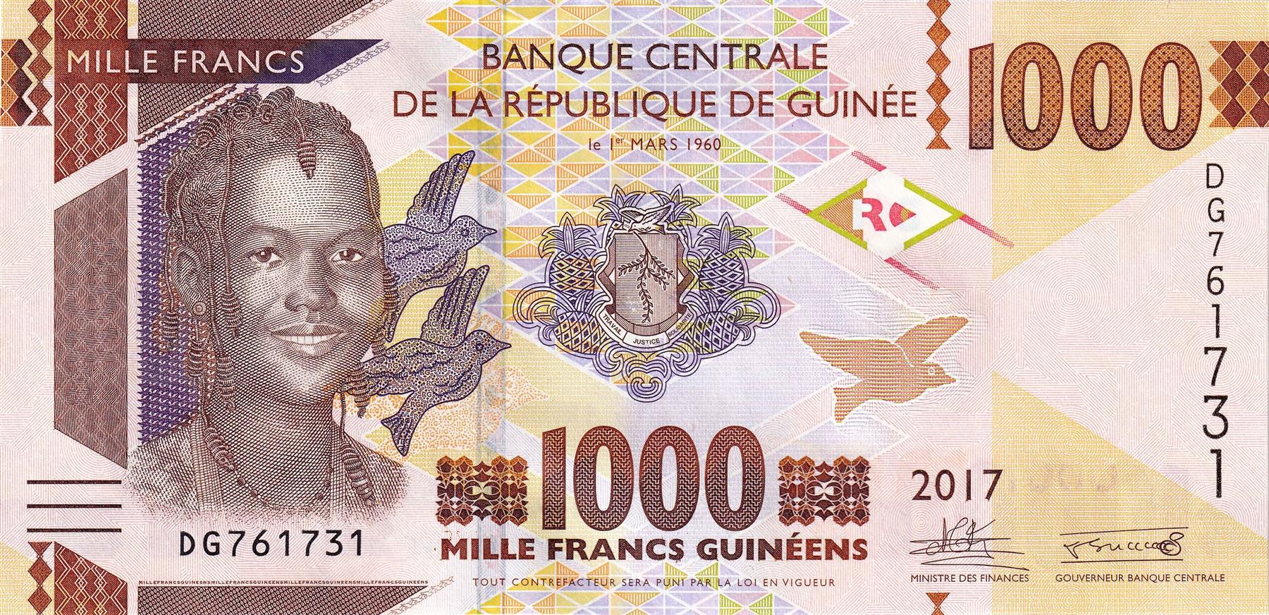 Guinea | 1000 Francs Banknote | 2015 - 2022 | Guinean Woman | Dump Truck | Excavator | Banana Bunch
