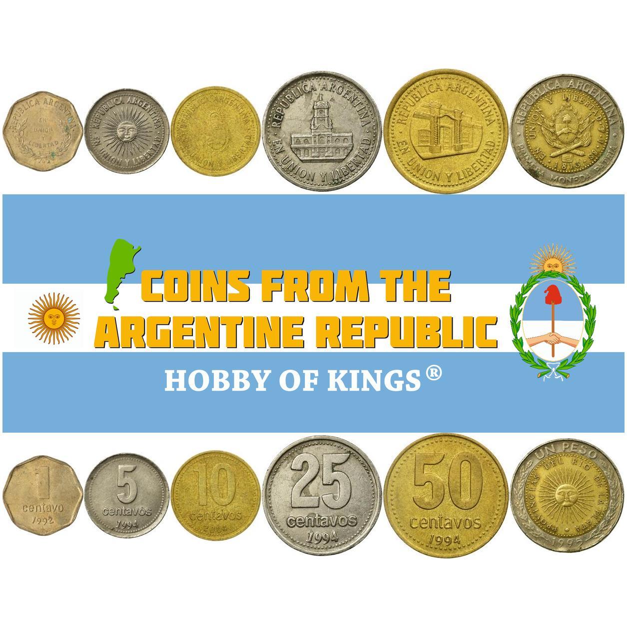 Argentine 6 Coin Set 1 5 10 25 50 Centavos 1 Peso | Tucuman | Sun of May | 1992 - 2006