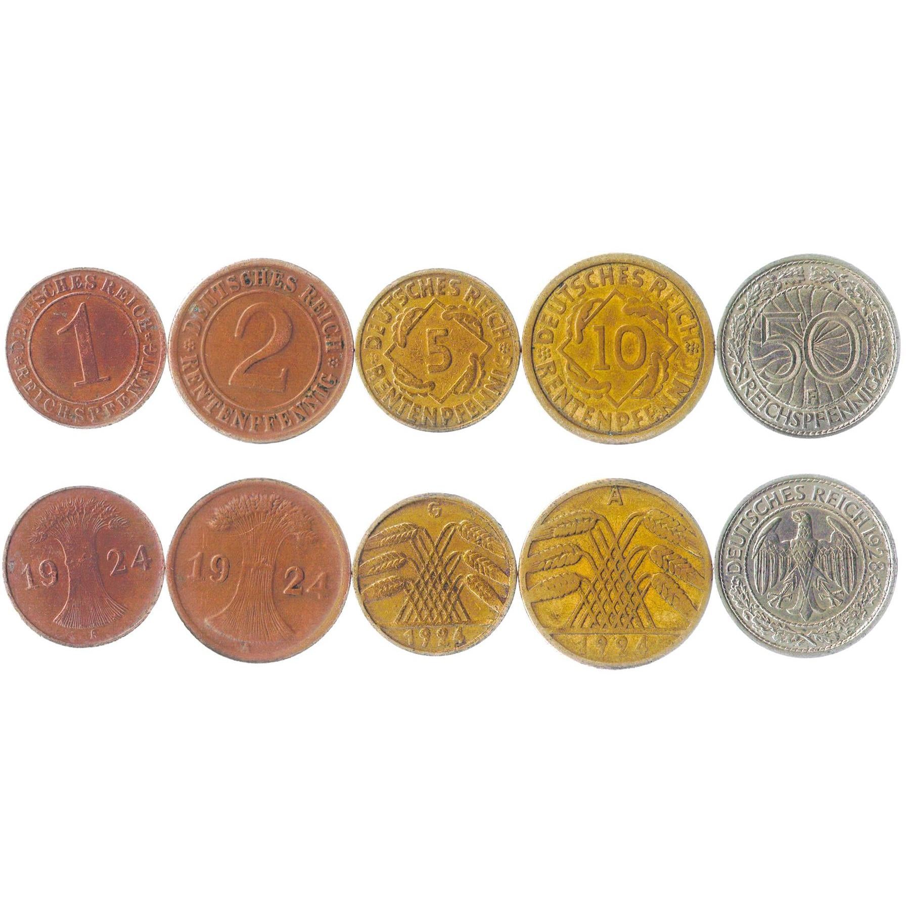 German Reich 5 Coin Set 1 2 5 10 50 Reichspfennig | Wheat Ears | Weimar Republic | 1924 - 1938