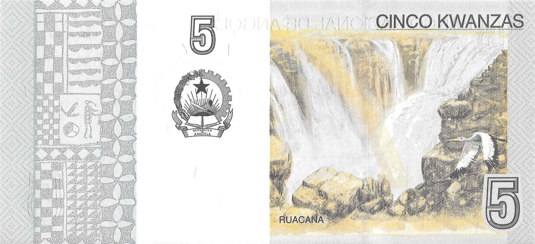 Angola | 5 Kwanzas Banknote | 2012 | José Eduardo dos Santos | António Agostinho Neto | Ruacana Waterfall
