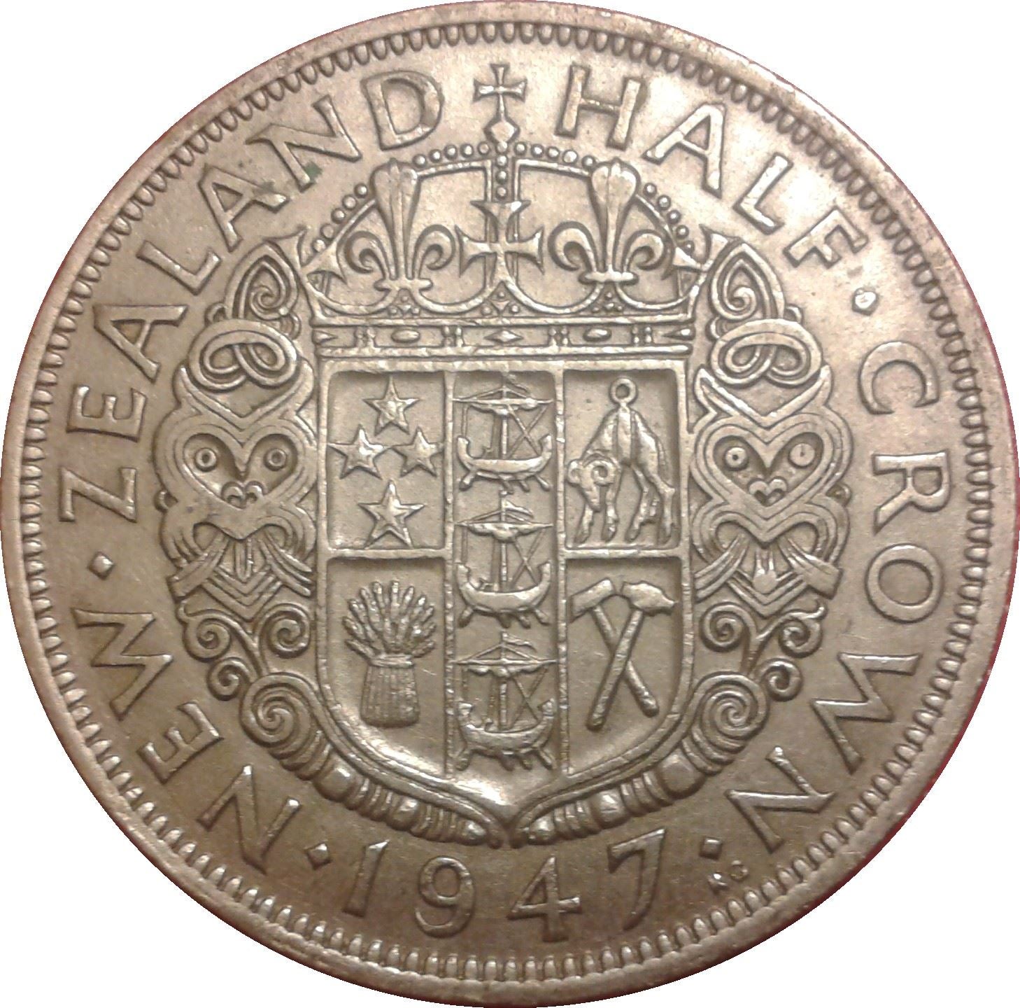 New Zealand | 1/2 Crown Coin | George VI | Crowned Shield | Maori Ornaments | Km:11A | 1947